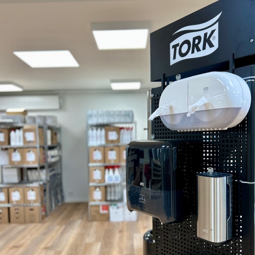 Billede at Tork systemer, med sæbe i baggrunden.